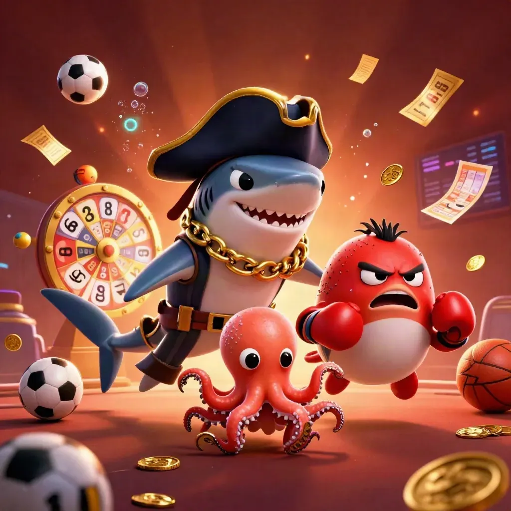 Pirate shark, boxing pufferfish, and coin-juggling octopus amid casino props and glow.