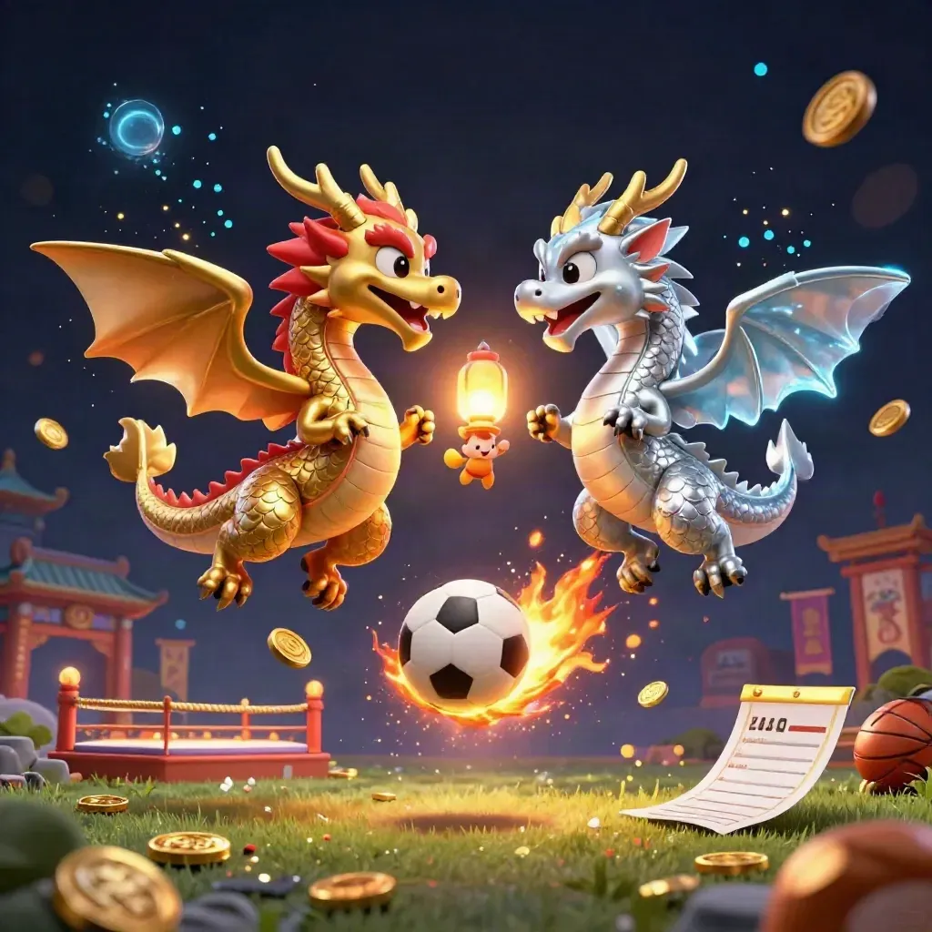 Twin dragons and sports gear whirl in a glowing casino-fantasy explosion, ground-level and cinematic.