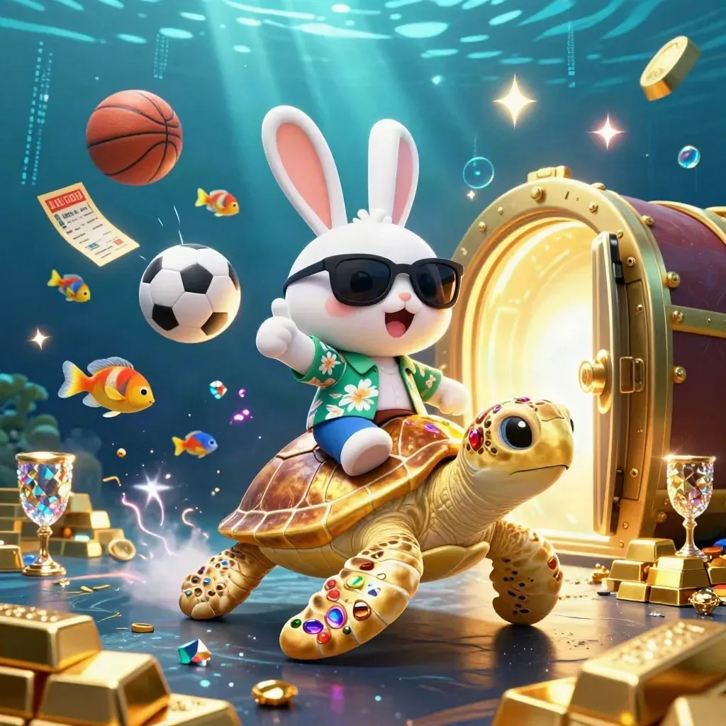 Rabbit rides jeweled turtle underwater as sports balls, gold, and treasure burst around them.