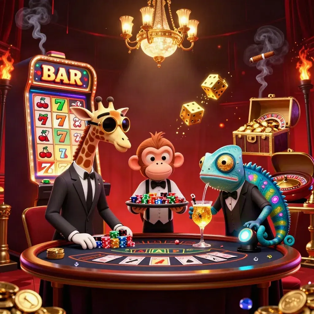 Giraffe high-roller, monkey valet, and chameleon bartender in a luxe casino burst with gold and lights