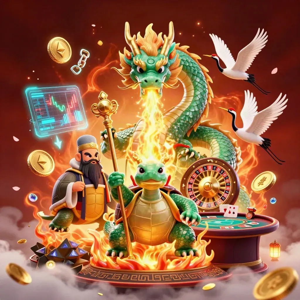 Dragon, turtle sage, and cranes amid casino relics, neon coins, and a glowing roulette wheel.