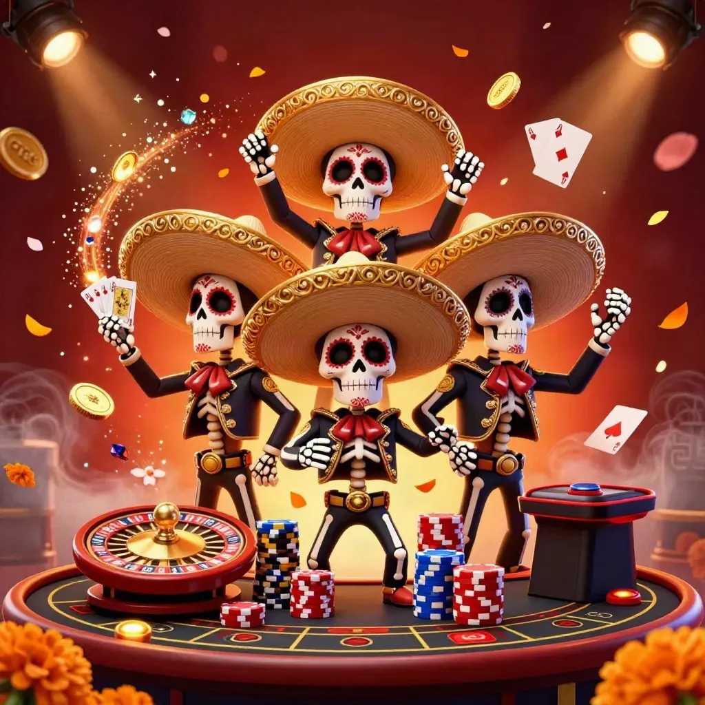 Skeleton mariachi trio in a glowing casino scene with coins, cards, chips, and a spinning roulette wheel.