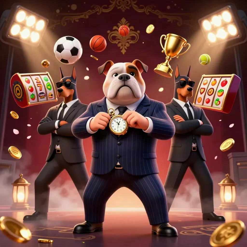 Bulldog mob boss with two Dobermans amid sports balls, coins, trophy, and casino glow