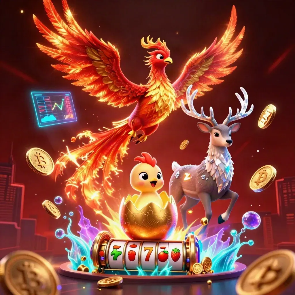 Phoenix, baby hatchling, and crystal stag amid treasure, coins, neon effects, and slot symbols