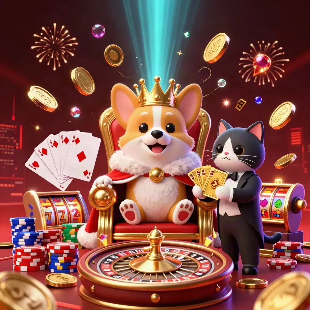 Royal corgi and cat butler amid coins, gems, roulette wheel, chips, and fireworks