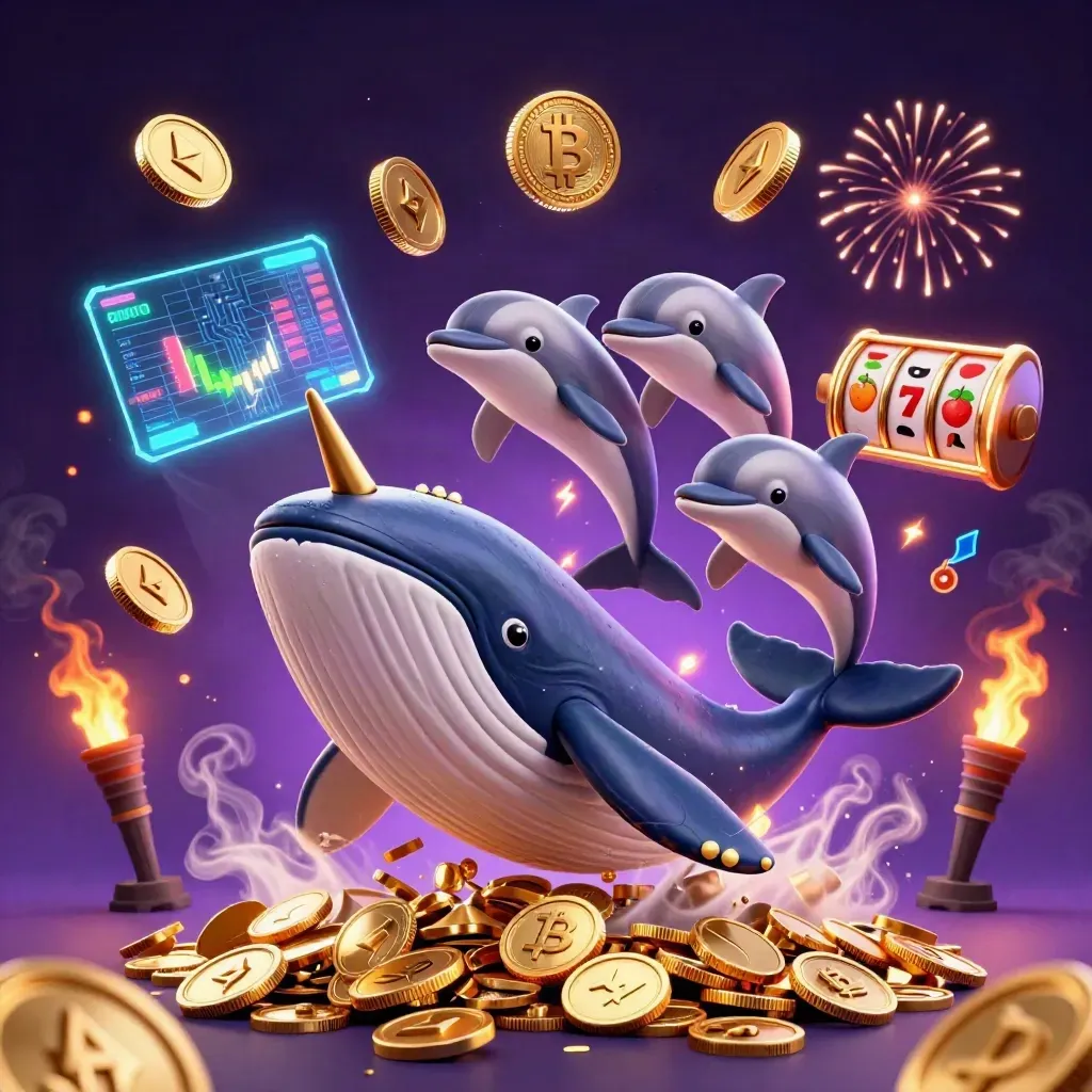 Whale, narwhal, and dolphins amid coins, fireworks, slot symbols, and neon casino effects.
