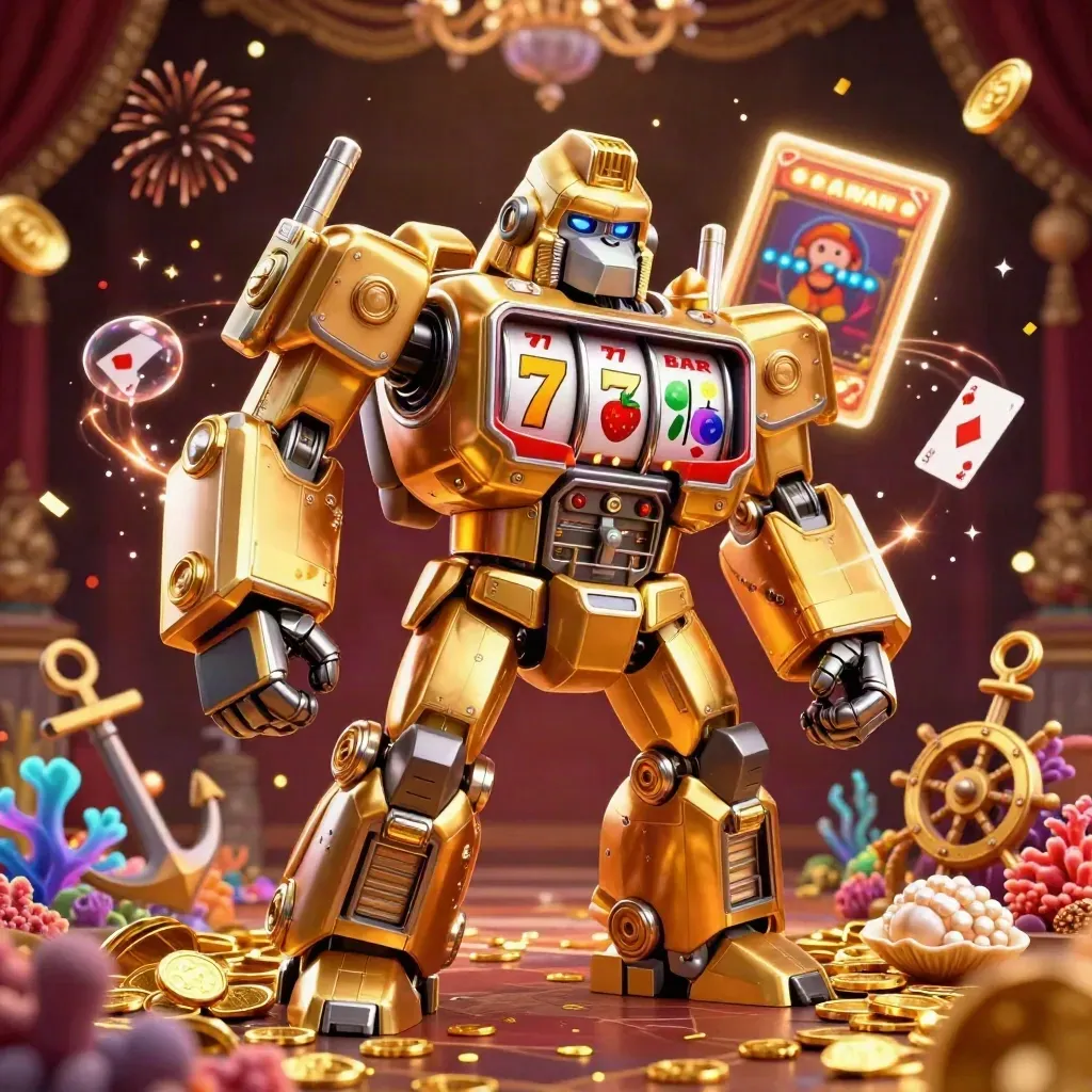 Golden gorilla slot-mech with tiny monkey pilot amid treasure cove and casino sparks