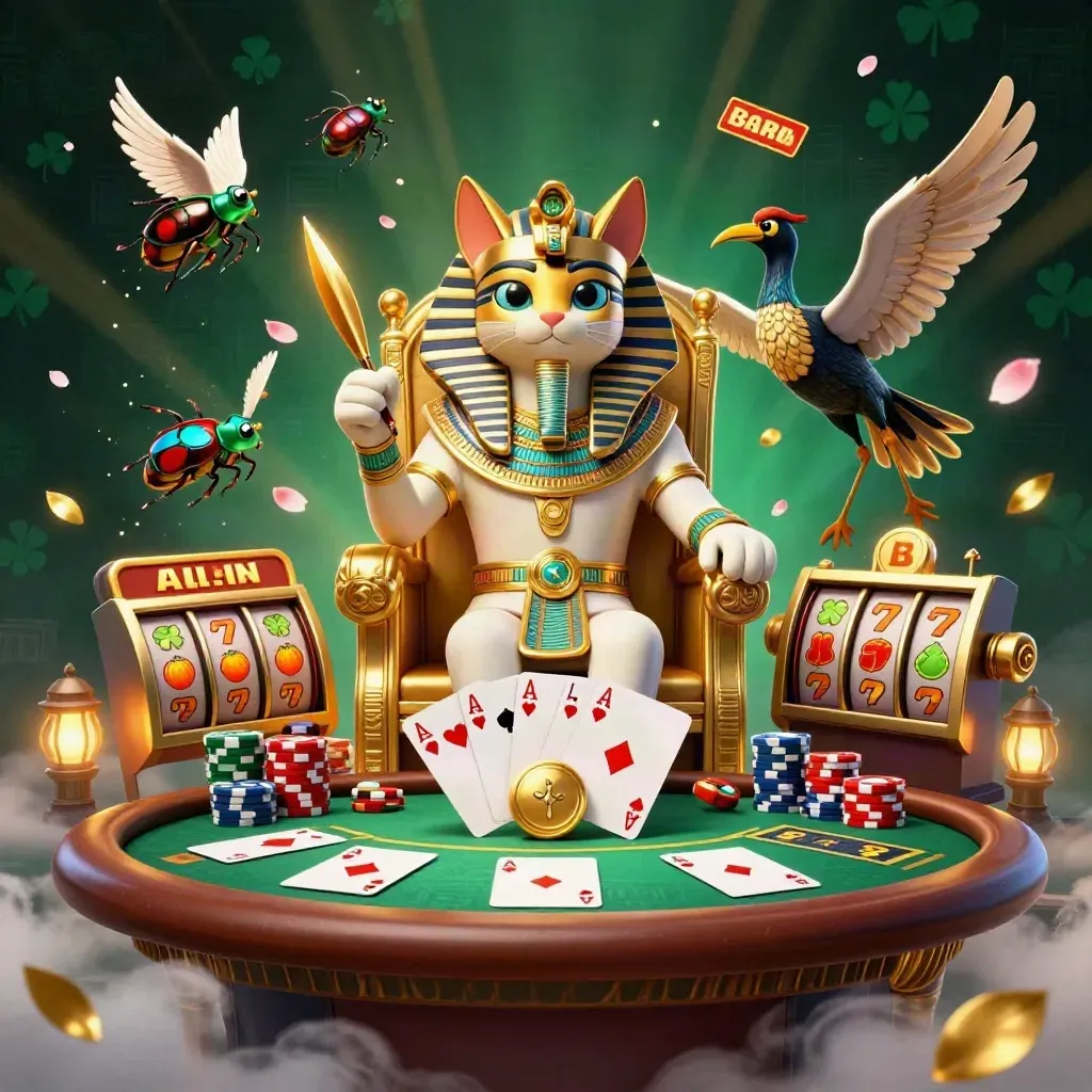 Pharaoh cat on throne with ibis, scarabs, poker, slots, and glowing casino effects