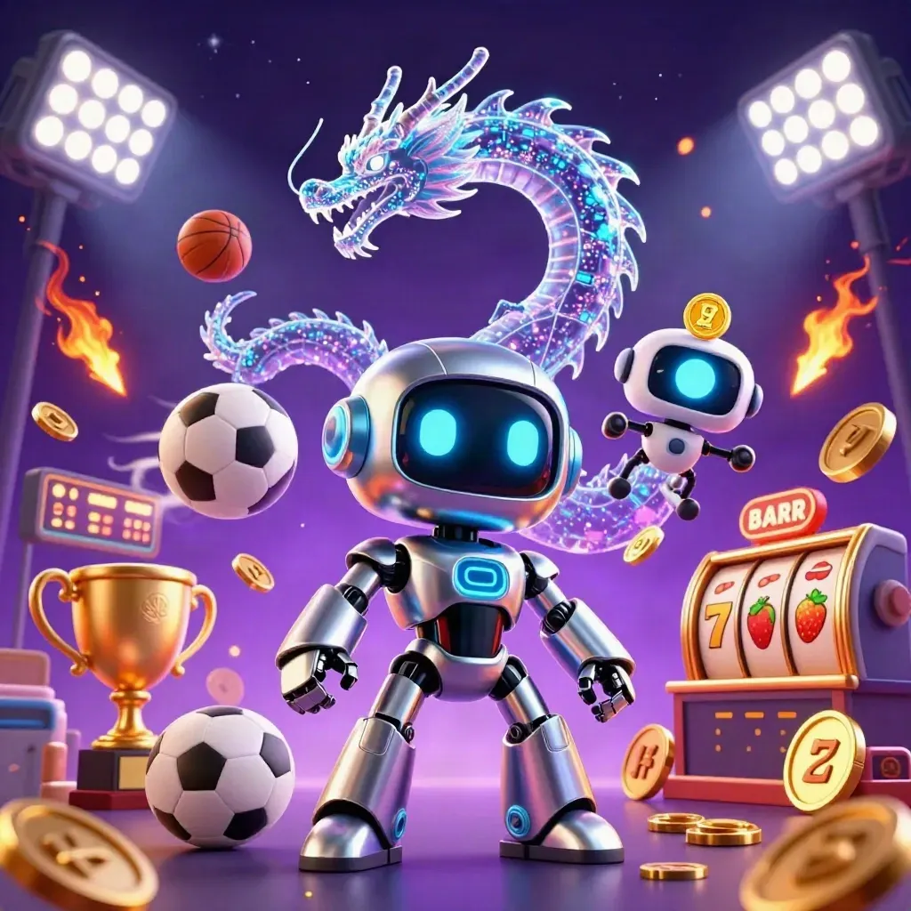 Cyberpunk robot with holographic dragon, drone, coins, sports balls, and glowing slot effects
